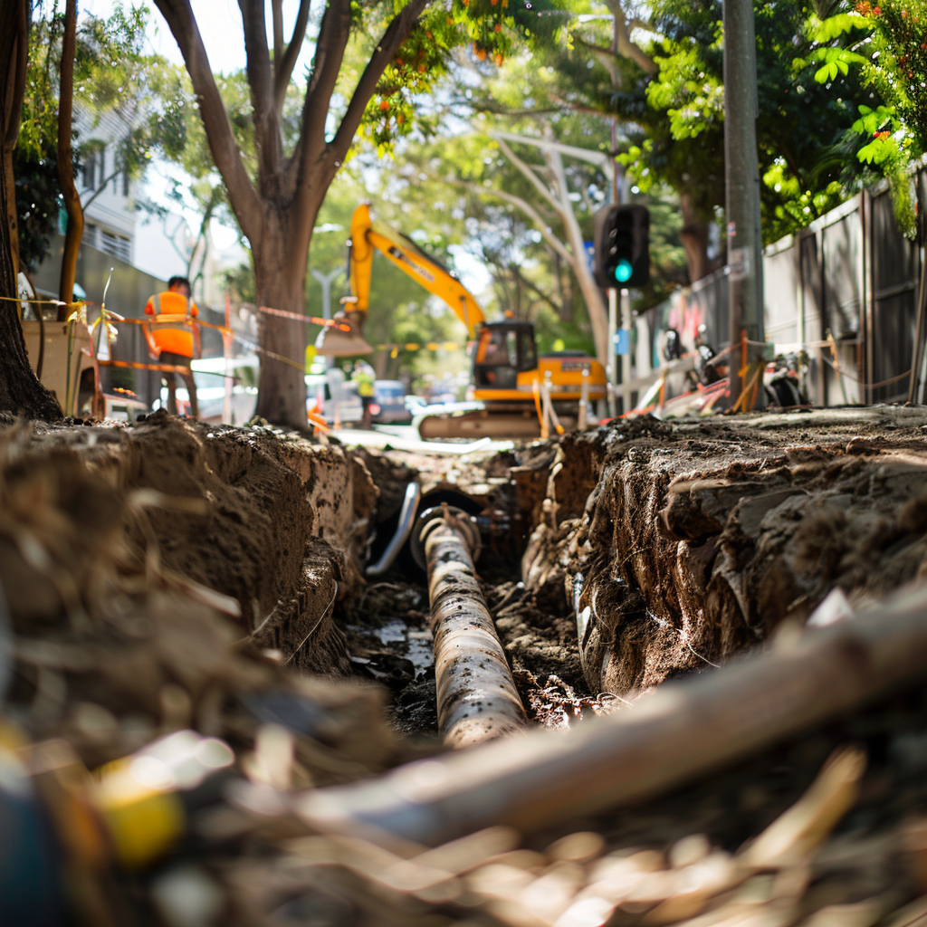 Trench excavation ensures reliable underground pipe repairs in The Ponds.