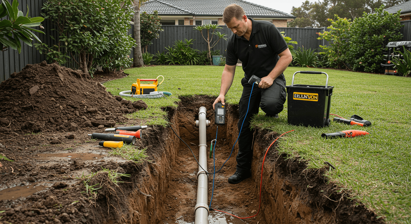 A water pipe repair expert in The Ponds inspecting underground PVC piping with a digital diagnostic device.