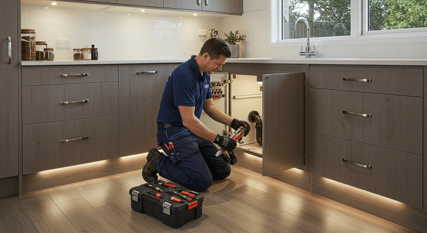The Ponds Plumber fixing under-sink pipes in a modern kitchen interior.
