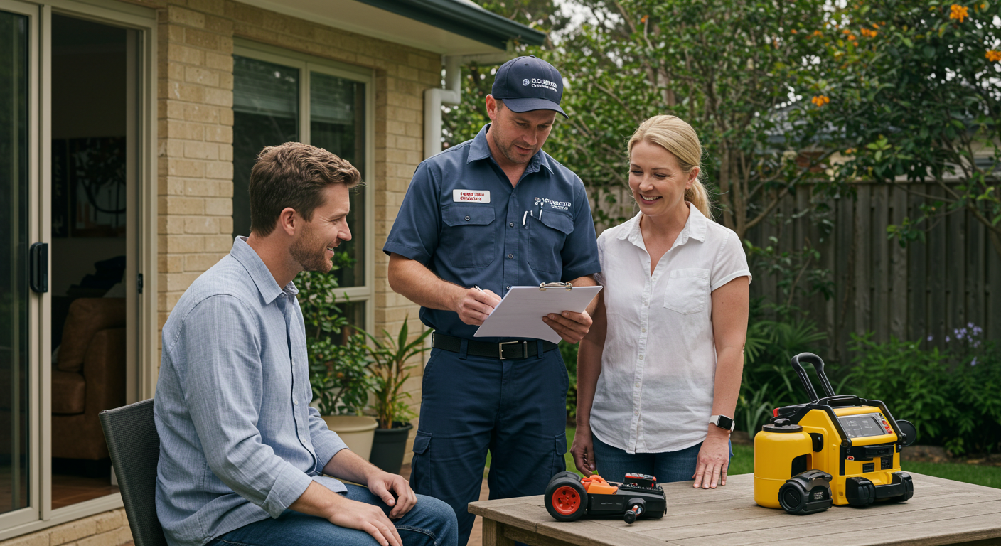 Two people discussing plumbing plans at a table